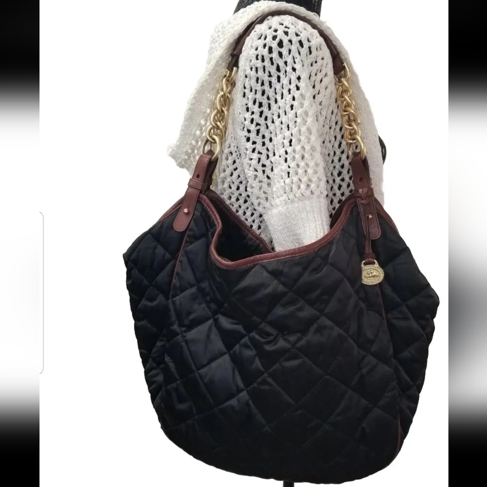 Brahmin Vintage Extra Large Tote Shoulder Bag Black Nylon Brown Leather Trim - Picture 6 of 13